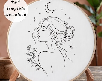 Celestial Woman Hand Embroidery Pattern, Minimalist Moon Goddess Line Art Design for Beginner, DIY Mystic Botanical Girl Hoop Art Gift