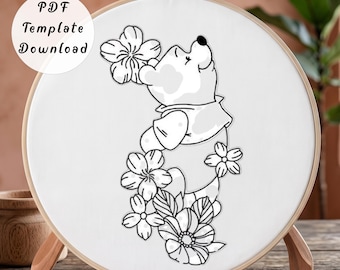 Cartoon Bear Embroidery Pattern / Printable Template PDF / Cute Honey Bear Design / Wildflower Floral Line Art Nursery Hoop Decor