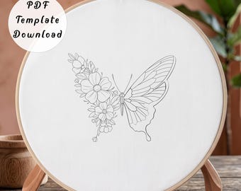 Floral Butterfly Hand Embroidery Pattern, Minimalist Insect Wildflower Wings Line Art Design