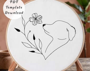 Dog Flower Profile Hand Embroidery Pattern, Golden Retriever Puppy Line Art Design for Beginner, DIY Wildflower Pet Hoop Art Decor Gift