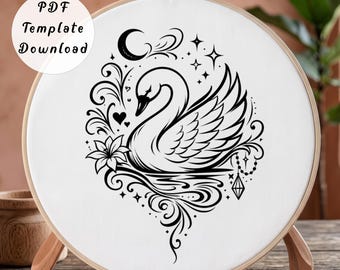 Celestial Swan Hand Embroidery Pattern, Minimalist Moon Mystical Bird Line Art Design for Beginner, DIY Elegant Lily Dreamy Hoop Art
