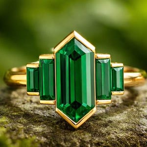 Emerald Hexagon Ring, Art Deco Engagement Ring, Delicate Stackable Ring, Green Gemstone Jewelry, May Birthstone Gift