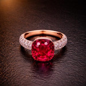 Könnte beinhalten: Ein roségoldener Ring mit einem großen, facettierten, roten Edelstein im Mittelpunkt. Das Band ist mit kleinen, klaren Edelsteinen besetzt. Der Ring ist vor einem dunklen, strukturierten Hintergrund platziert, um sein Funkeln hervorzuheben.