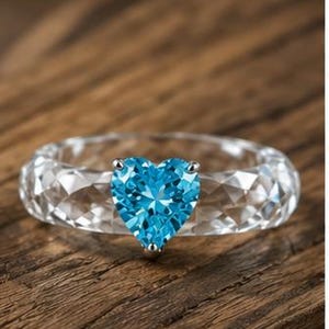 Puede incluir: Un anillo con una banda transparente facetada y una piedra preciosa azul brillante en forma de corazón en el centro. La banda tiene una superficie geométrica texturizada que refleja la luz, mientras que la piedra azul muestra un corte brillante.