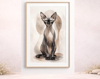 Art mural chat sphynx - portrait d'animal de compagnie abstrait bohème minimaliste (téléchargement numérique)