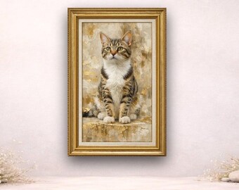 Art mural abstrait chat | Portrait d'animal de compagnie neutre beige doré (téléchargement numérique)