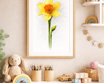 Impression botanique jonquille jaune, art floral aux crayons de couleur (téléchargement numérique)