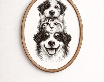 Portrait d'animal de compagnie empilé chien chat | Dessin au trait animal noir et blanc (téléchargement numérique)