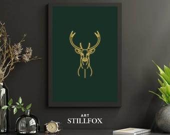 Impression d'art au trait néon cerf, illustration minimaliste de cerf, décor de forêt moderne (téléchargement numérique)