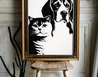 vintage portrait d'animal de compagnie | Art mural beagle, chat tigré (téléchargement numérique)