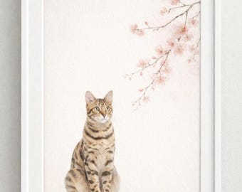 Impression d'art chat Bengal japonais, décoration scandinave Sakura Blossom (téléchargement numérique)