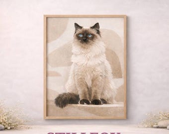 Art mural chat ragdoll, chat aux yeux bleus, décoration minimaliste bohème neutre pour animaux de compagnie (téléchargement numérique)
