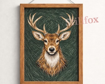 Art mural cerf rustique, illustration de cerf des bois, décoration de cabine (téléchargement numérique)