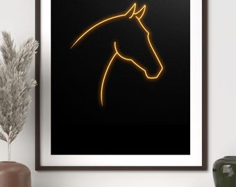 Impression d'art au trait cheval néon, affiche noire minimaliste, décoration équestre moderne (téléchargement numérique)
