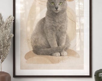 Art mural chat bleu russe, portrait d'animal de compagnie minimaliste, impression beige neutre (téléchargement numérique)