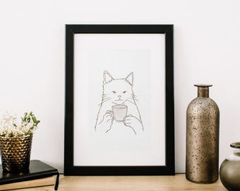 Impression d'art chat café ligne, décoration murale minimaliste confortable (téléchargement numérique)