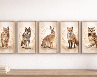 Ensemble d'imprimés animaliers de la forêt, art mural géométrique doré, décoration bohème pour chambre d'enfant (téléchargement numérique)
