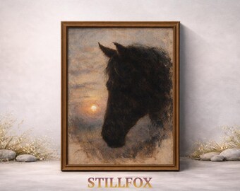 coucher de soleil cheval noir | Art mural vintage ferme équestre (téléchargement numérique)