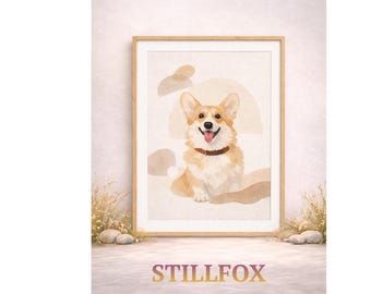 Art mural minimaliste corgi, portrait de chien scandinave, décoration beige abstraite (téléchargement numérique)