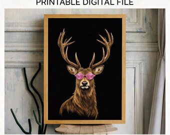Art mural cerf avec lunettes de soleil roses, illustration de cerf tendance (téléchargement numérique)