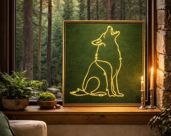 Impression d'art au trait minimaliste loup, affiche contour doré, décor de forêt verte (téléchargement numérique)