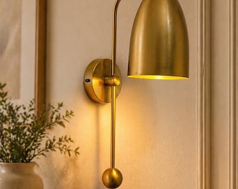 Mid-Century Brass Wall Sconce – Modern Cone Shade Bedside Lamp