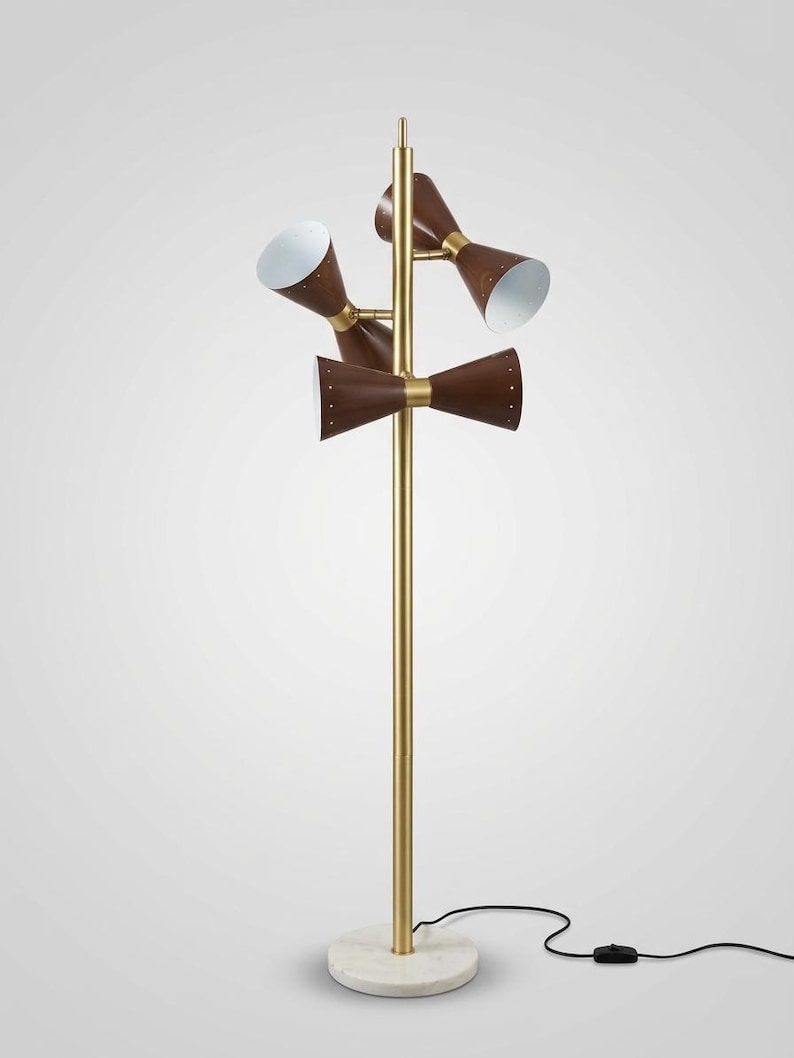 Mid Century Modern Brass Floor Lamp, Brown Cone Shade Lighting, Vintage Style Decor image 5