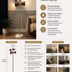 May include: A floor lamp with a brass pole, a white circular base, and three dark brown cone-shaped shades. The lamp stands 68 inches tall, with a 6-inch base and an 11-inch width. Text includes LumiLux Lighting, Modern Brass Floor Lamp, and specifications.