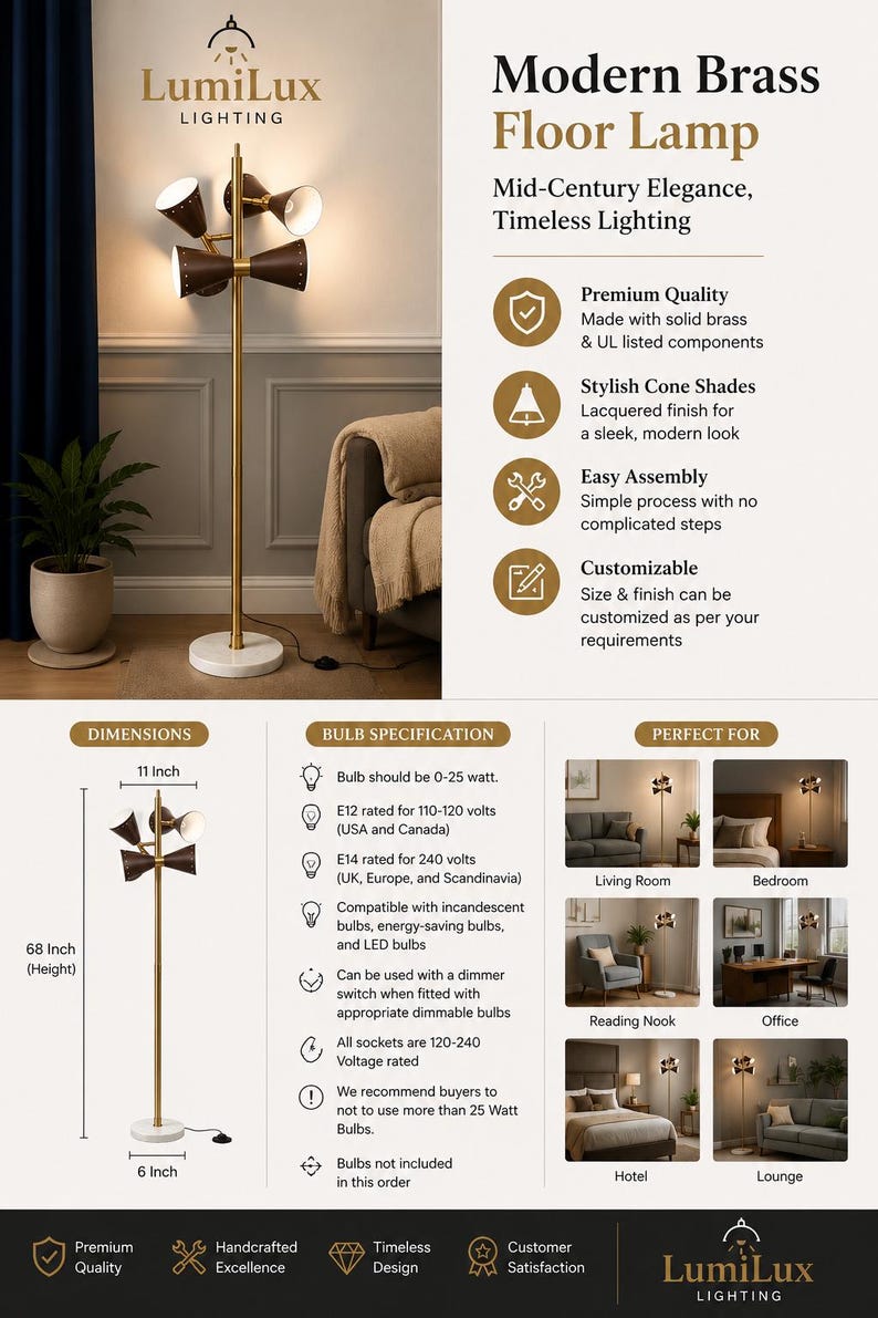 May include: A floor lamp with a brass pole, a white circular base, and three dark brown cone-shaped shades. The lamp stands 68 inches tall, with a 6-inch base and an 11-inch width. Text includes LumiLux Lighting, Modern Brass Floor Lamp, and specifications.
