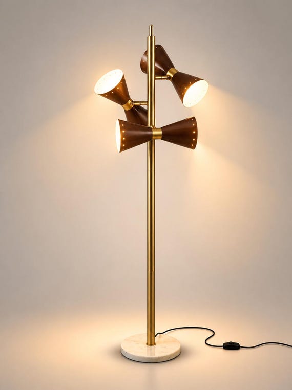 Mid Century Modern Brass Floor Lamp, Brown Cone Shade Lighting, Vintage Style Decor