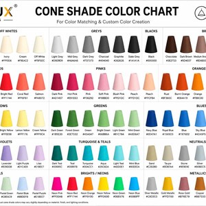 May include: A Lumilux Lighting cone shade color chart featuring a grid of numerous small cone-shaped icons representing various colors, including whites, greys, blacks, browns, reds, pinks, oranges, yellows, greens, blues, purples, and metallics.