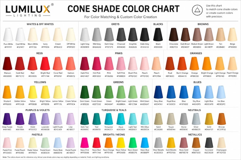 May include: A Lumilux Lighting cone shade color chart featuring a grid of numerous small cone-shaped icons representing various colors, including whites, greys, blacks, browns, reds, pinks, oranges, yellows, greens, blues, purples, and metallics.