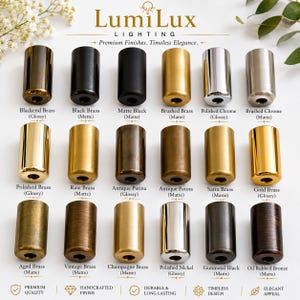 May include: A collection of eighteen cylindrical metal hardware components arranged in three rows, showcasing various finishes including blackened, matte black, brushed brass, polished chrome, antique patina, and oil-rubbed bronze, labeled by name.