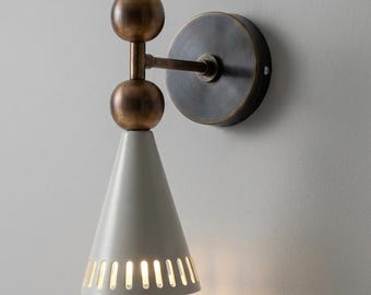 Mid Century Modern Brass Wall Sconce, White Cone Shade Lamp, Luxury Vanity Light