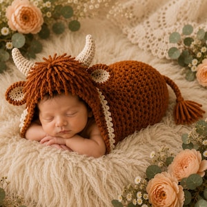 May include: A crocheted outfit featuring a hood with two cream-colored horns and a thick, shaggy rust-colored fringe. The main body of the garment is a solid rust-colored crochet stitch with a long tail ending in a tassel and cream-colored ears.