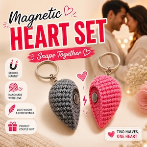 May include: Two crocheted heart keyrings, one grey, one pink, with silver keyrings and magnetic closures. Text reads "Magnetic Heart Set" and "Snaps Together". Handmade with love, lightweight and comfortable.