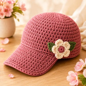 May include: A dusty rose crochet baseball cap featuring a textured knit pattern. The cap is adorned with a single cream-colored crocheted flower with a dusty rose center, flanked by two dark green crocheted leaves on the right side of the crown.
