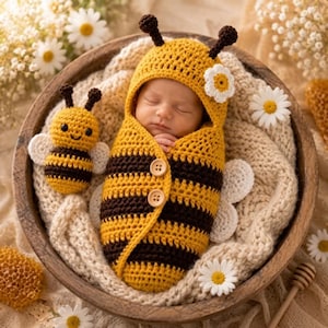 Bee Crochet Pattern PDF | Baby Cocoon Crochet Pattern Bumble Bee Photo Prop Set | Bonnet & Mini Bee Plush