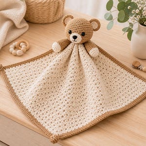 Può includere: Una coperta di sicurezza all'uncinetto fatta a mano con una testa di orsetto. La coperta è color crema con un bordo marrone e un orsetto abbinato. L'orsetto ha occhi neri e un naso nero. Questo è un articolo per bambini.