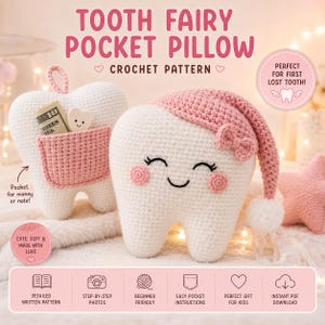 Zahnfee-Taschenkissen Häkelanleitung (PDF) | Niedliches Zahn-Plüschtier mit Tasche | Schlafendes Zahnfee-Kissen | Amigurumi-Anleitung für Anfänger