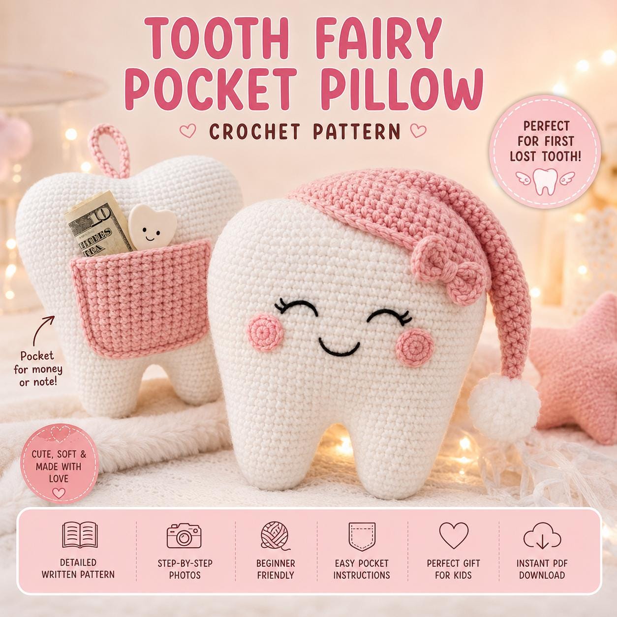 35 Tooth Crochet Pattern: Unlock Your Creativity with Fun Dental Designs 22 Tooth Fairy Pocket Pillow Cute Tooth Plush With Pocket