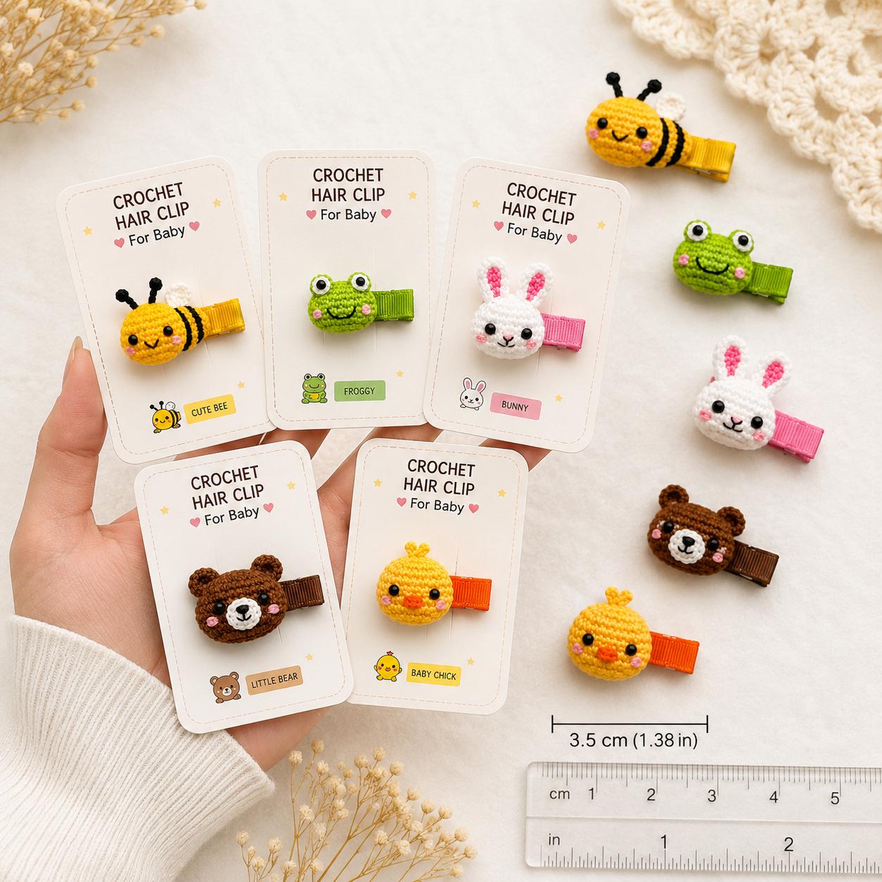 36 Crochet Hair Clips with Sunflowers, Bows, Flowers, and Fruit 31 Crochet Animal Hair Clips Pattern Bundle Bee Frog Bunny