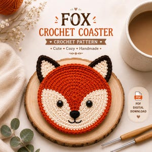 Puede incluir: Un posavasos de zorro de ganchillo hecho a mano con forma redonda. El posavasos presenta una cara de zorro con colores naranja, crema, negro y blanco. El texto "FOX CROCHET COASTER" está en la parte superior. Un icono de descarga digital PDF está en la parte inferior derecha.