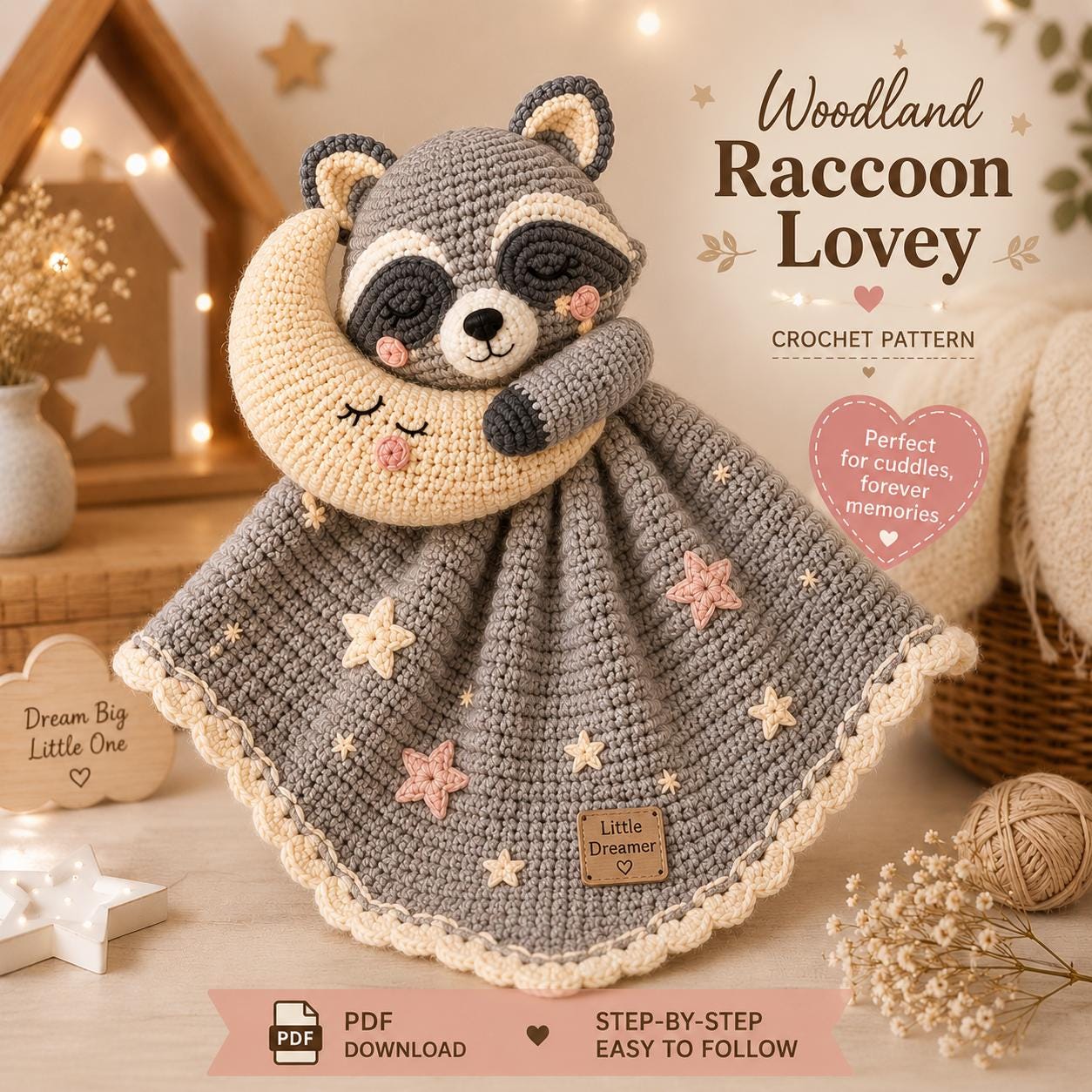 38 Racoon Crochet Patterns for Woodland Amigurumi, Hats, Appliques, and Cozy Handmade... 23 Raccoon Lovey Baby Moon Security Blanket Woodland Animal