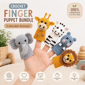 Puede incluir: Un conjunto de marionetas de dedo de ganchillo con cinco diseños de animales adorables: una jirafa, una cebra, un elefante, un hipopótamo y un león. Las marionetas están hechas a mano con hilo de algodón. La imagen incluye el texto "CROCHET FINGER PUPPET BUNDLE".