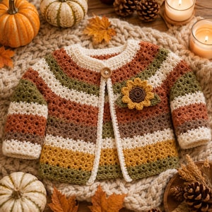 May include: A long-sleeved crochet cardigan featuring horizontal stripes in cream, olive green, burnt orange, and mustard yellow. The garment has a round neckline, a single wooden button closure at the top, and a crocheted sunflower applique.