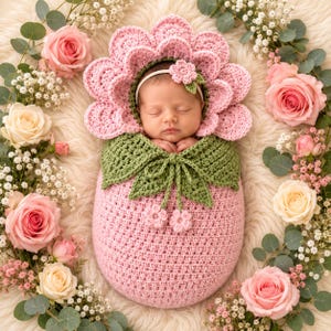 Puede incluir: Un saco de dormir para bebé tejido a ganchillo con una capucha en forma de flor rosa de pétalos superpuestos y un cuello con patrón de hojas verdes y dos pequeños detalles florales. El saco está hecho de hilo rosa suave para envolver.