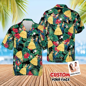 Gepersonaliseerde custom gezicht Hawaiiaans schoonheidsbeest shirt, paar foto knop omhoog, donker tropisch bloemenshirt: poly spandex strandfeest decor