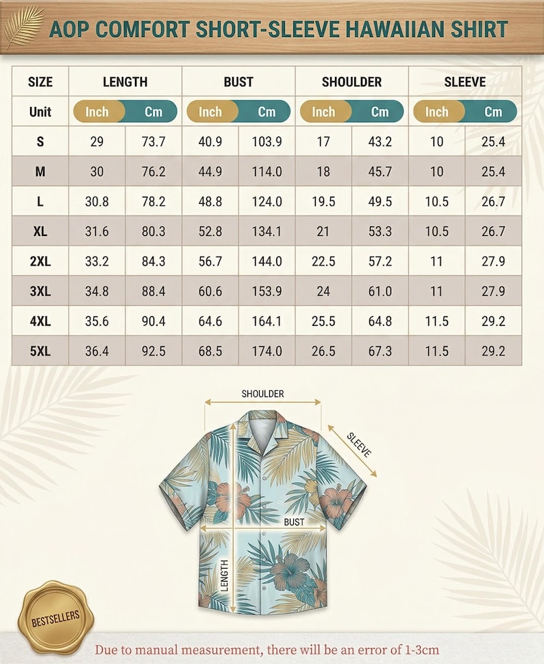 Może przedstawiać: Tabela rozmiar&oacute;w koszuli hawajskiej z kr&oacute;tkim rękawem, zawierająca wymiary w calach i centymetrach dla rozmiar&oacute;w od S do 5XL oraz schemat jasnoniebieskiej koszuli z tropikalnym wzorem kwiat&oacute;w i liści palmowych.