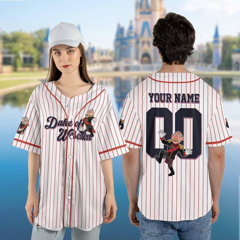 May include: White and red pinstripe baseball jersey with the text "Duke of Weselton" and a cartoon character on the front. The back features the text "YOUR NAME" above a large number and another cartoon character.